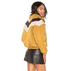 Free People Heidi Ski Puffer Jacket Mustard Chevron Color‑Block Zip Front Size M